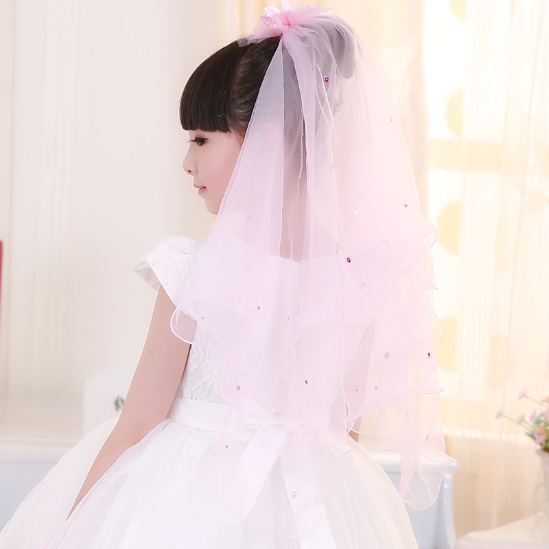 韩版新款女童高档头纱公主头花 雪白头纱花童配饰粉色头纱批发