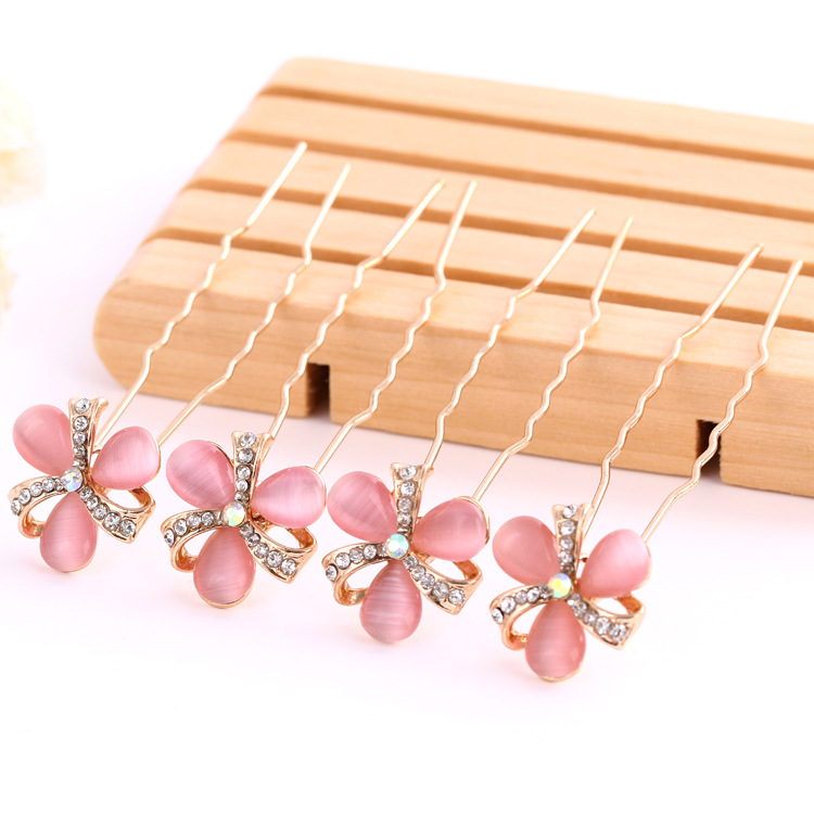 水钻盘发插针 流行美猫眼石小插针 韩版u型发簪批发厂家直销