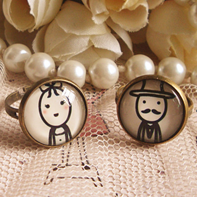 复古时光宝石戒指 简笔卡通情侣头像戒指 地摊格子铺热销货源