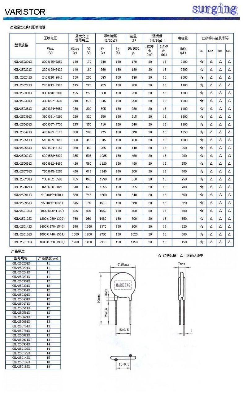 高能量压敏电阻25d471k防雷击 ul