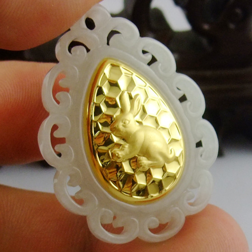 天然翡翠a货千足金镶十二生肖兔金镶玉吊坠平安玉佩 金加厚