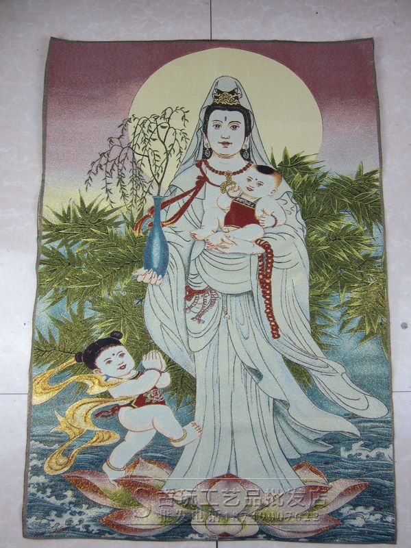 批发直销 织锦画挂画 精致苏绣刺绣画金丝金线唐卡 童子拜观音