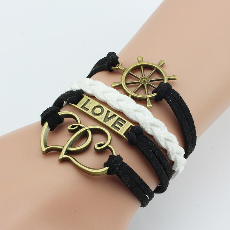 饰品热销手工编织手链 复古船舵双心love多层手链 商品批发城