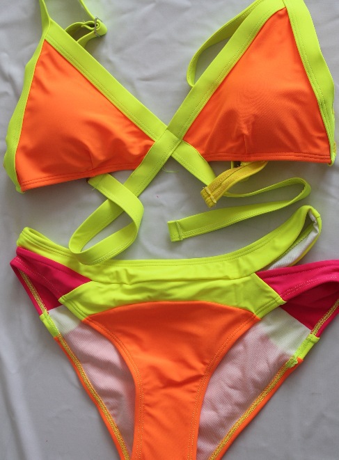 欧洲站欧美荷芙妮格荧光色性感比基尼绷带泳衣