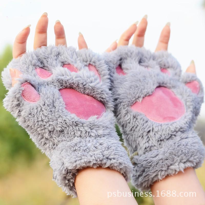 Cat's Paw Gloves Winter Cute Cartoon Cat Girl Open Finger Gloves Thickened Fluff Hand-Shaped Brush Half Finger Gloves