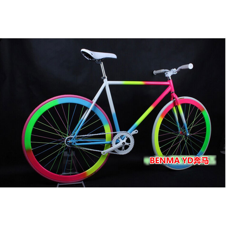 销售2016年新款死飞自行车彩虹色 可整车可组装男女单车碳钢车