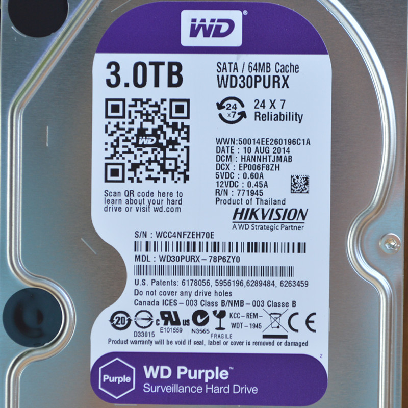 海康wd 3tb 紫盘 wd30purx 监控硬盘 sata 7200转 64m 3000gb