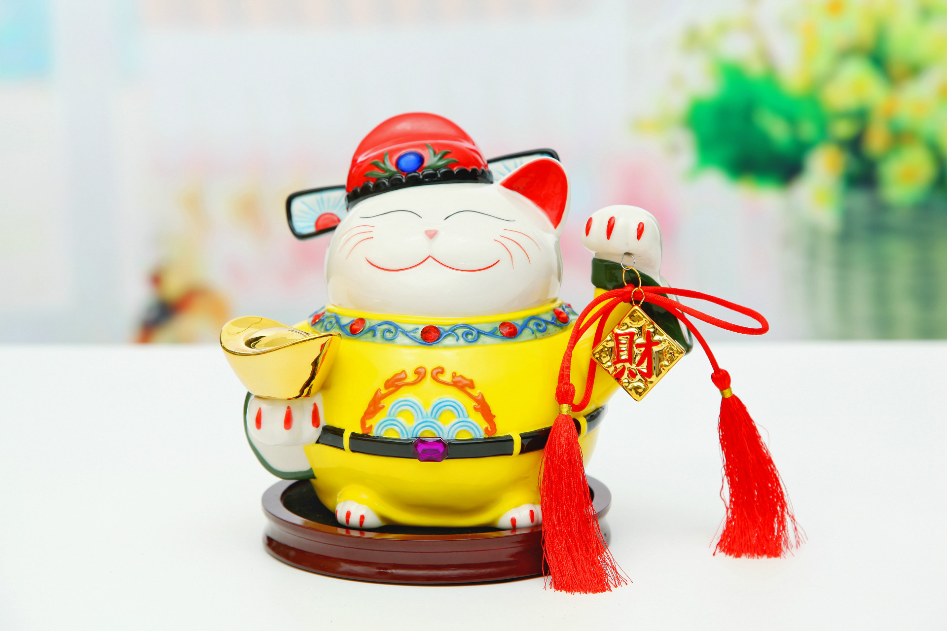 万亿堂品质陶瓷招财猫开业品质礼品 7寸升官发财 招财猫批发