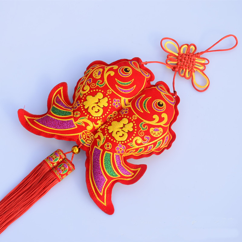 新款挂鱼大小绒布洒彩金发泡福中国结 鱼挂件壁饰春节喜庆挂饰
