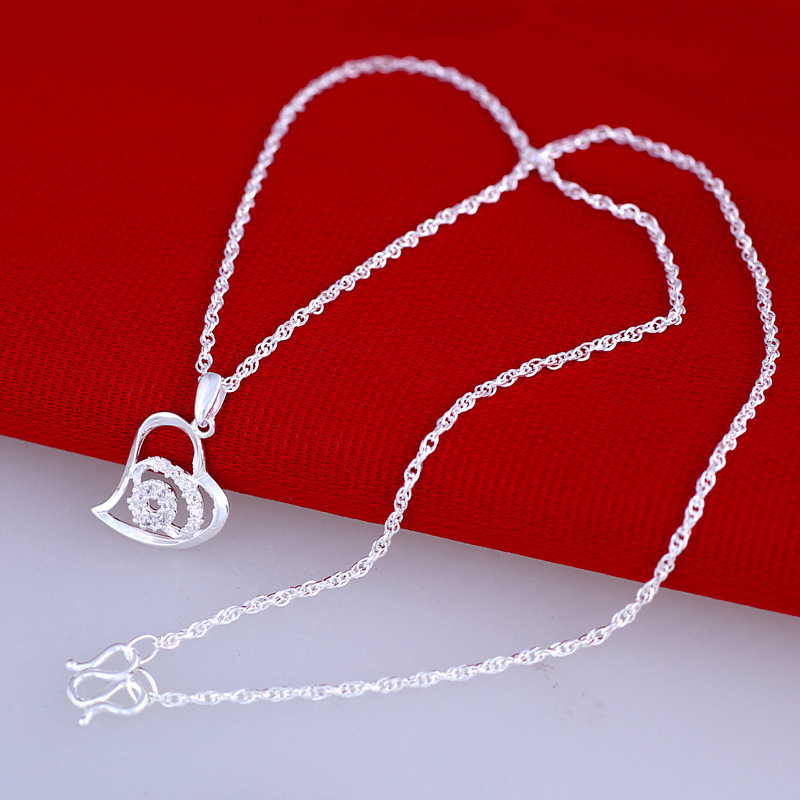 饰郎 纯银项链吊坠女银饰品水波链爱心桃项坠镶嵌八心八箭锆钻