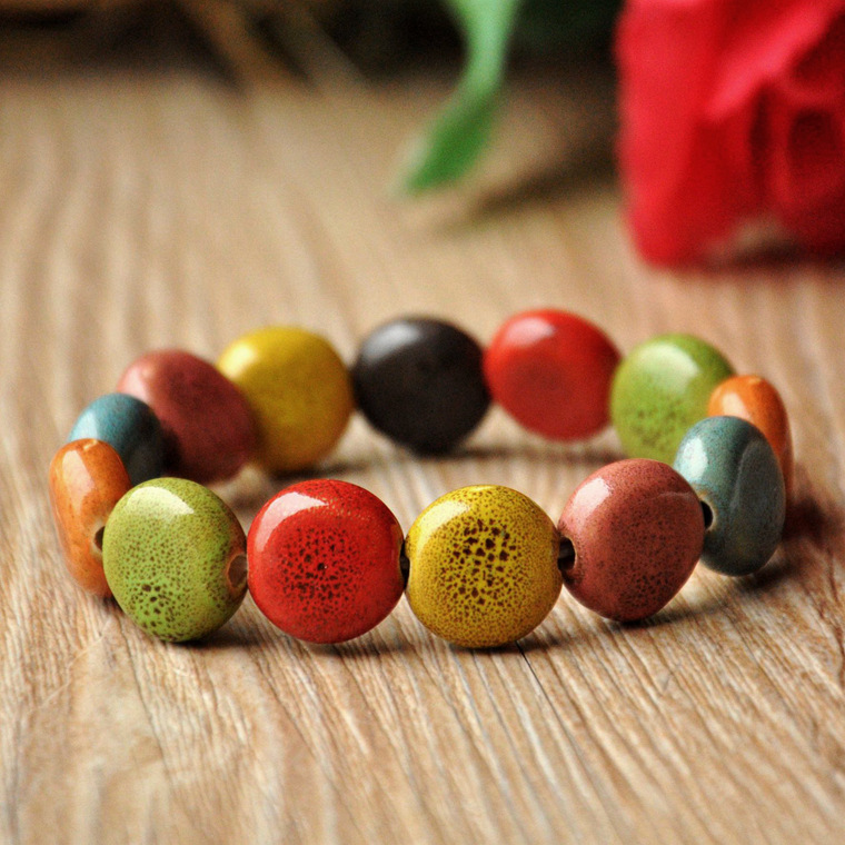 Jingdezhen Stall Ceramic Bracelet Color Glaze Porcelain Rose Beads Bracelet Female DIY Handmade Forest Series Plaid Pottery Shop Supply