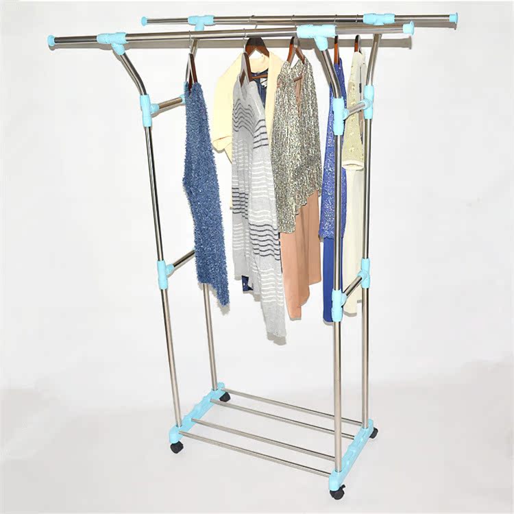 加宽简易不锈钢升降晾衣架落地双杆室内挂衣服架阳台晒包邮