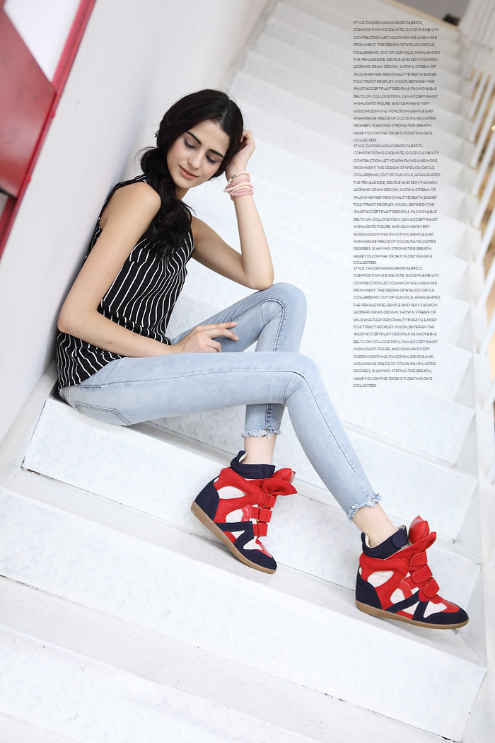 刘嘉玲同款磨砂隐形内增高运动女鞋圆头魔术贴拼色高帮休闲鞋坡跟