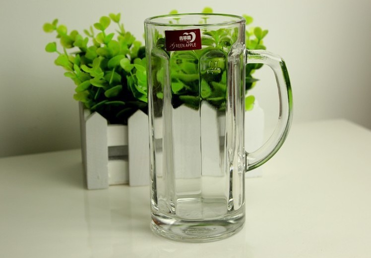 青苹果玻璃把杯 果汁杯/茶饮杯/啤酒杯/透明水杯