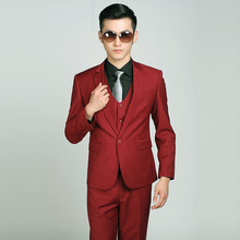2020品牌新款酒红色男式西服套装韩版修身新郎结婚礼服男士西装