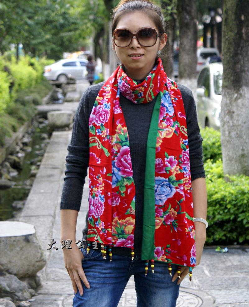 精细棉 2米长 民族风中国风花棉布老被面布花叽布围巾 三色入 ￥30.