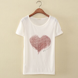 2014韩版夏季新款涂鸦桃心修身和平鸽圆领打底白色短袖t恤衫女装