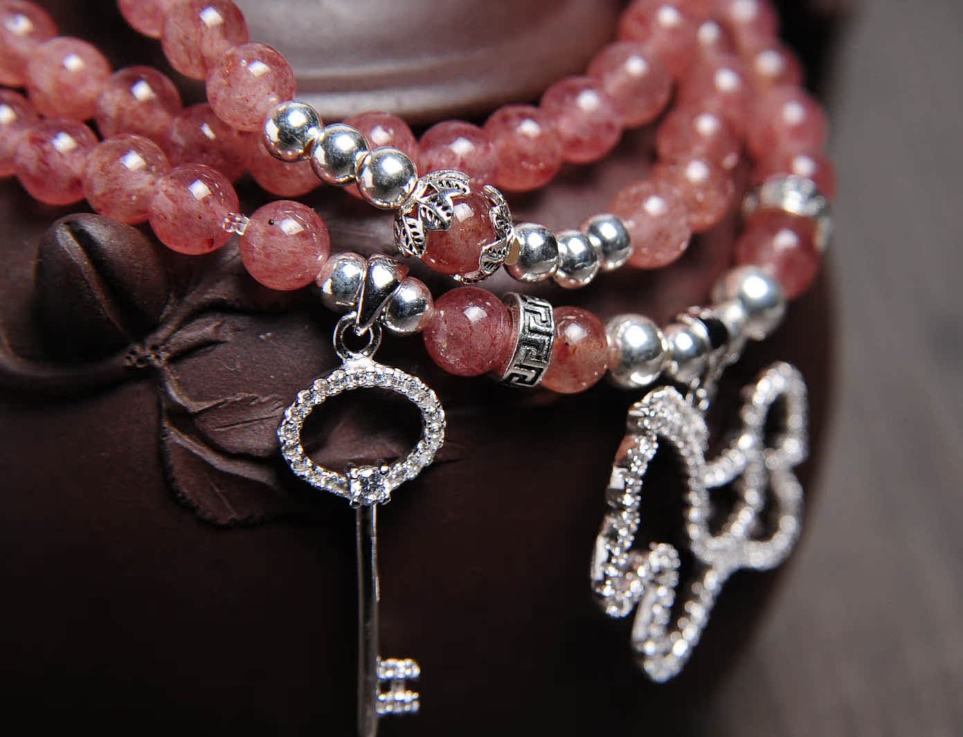 天然草莓晶手链粉水晶 925纯银微镶运旺夫旺桃花姻缘防小三