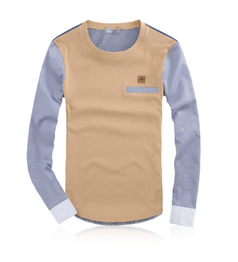 2016秋装新款撞色拼接圆领男士长袖t恤