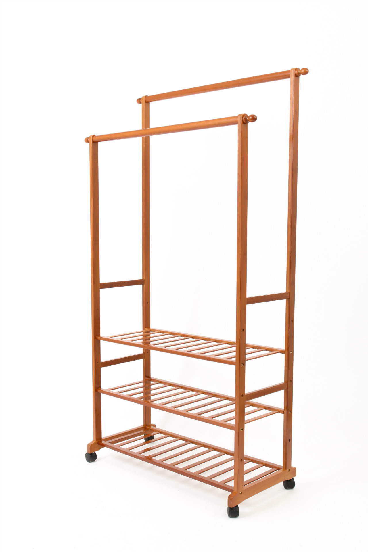 竹公子楠竹古红色双杆三层条形晾衣架可移动落地衣帽架衣帽架