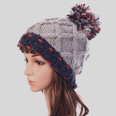 冬春潮款韩版女式帽子 拼色手工立体麻花贝雷针织毛线帽 直销