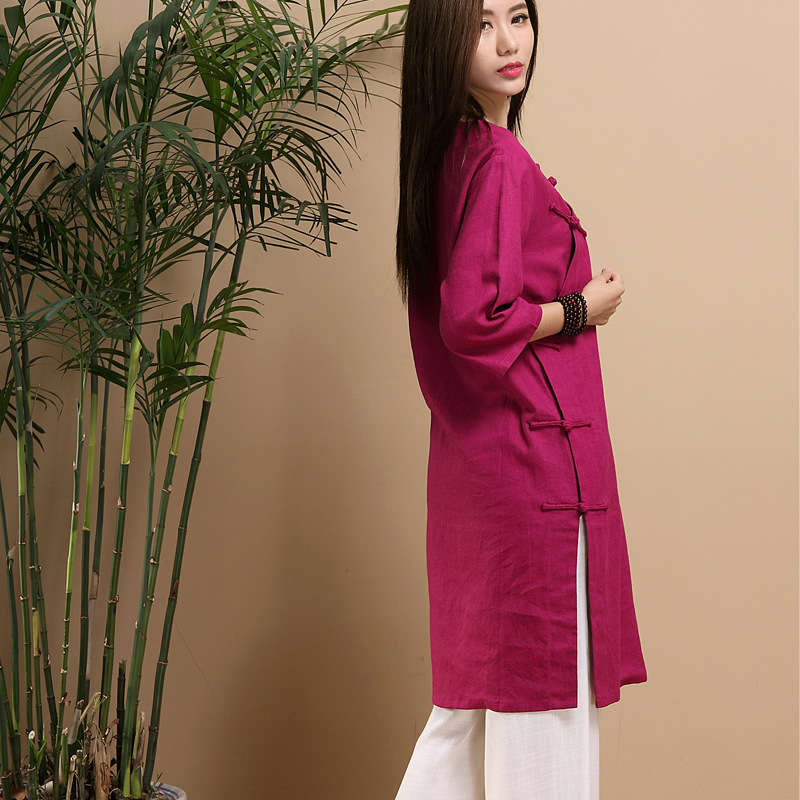 麻凡布衣 新款女士亚麻大襟衣 七分袖长款民族风圆领气质女上衣