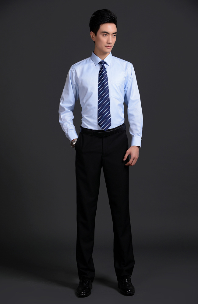 长袖男蓝衬衫 免烫修身衬衫商务婚礼职业正