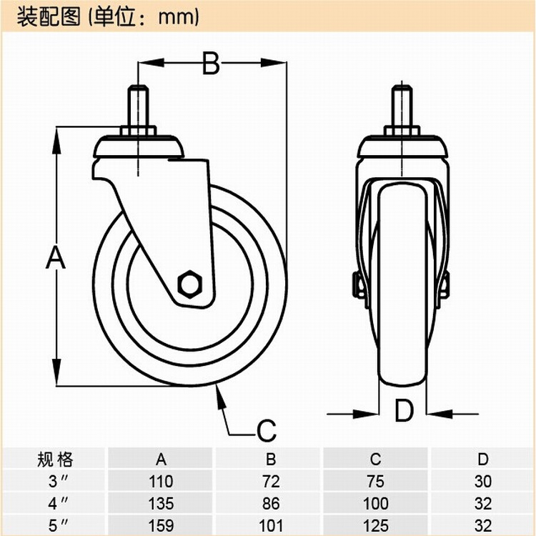 脚轮厂家供应5寸m12m16m20丝杆万向担架车 聚氨酯病床脚轮