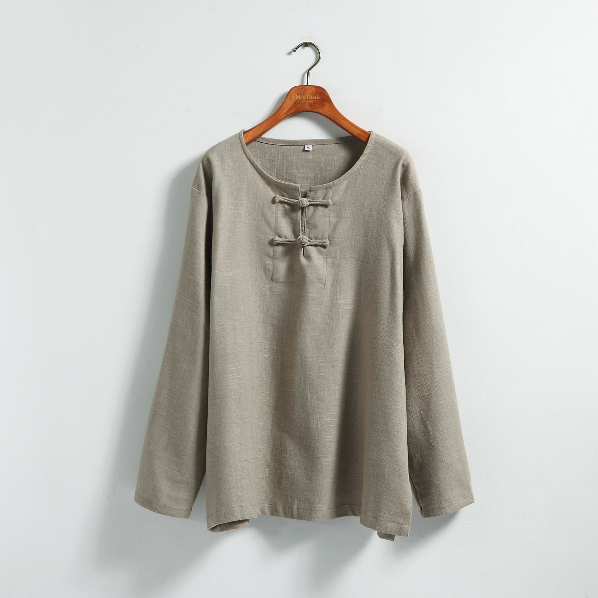 麻凡布衣 2015新款男装 民族风圆领粗麻长袖两扣盘扣衫 时尚修身