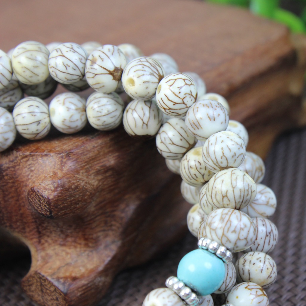 天然小银线菩提子 银线菩提子108颗 配仿绿松石