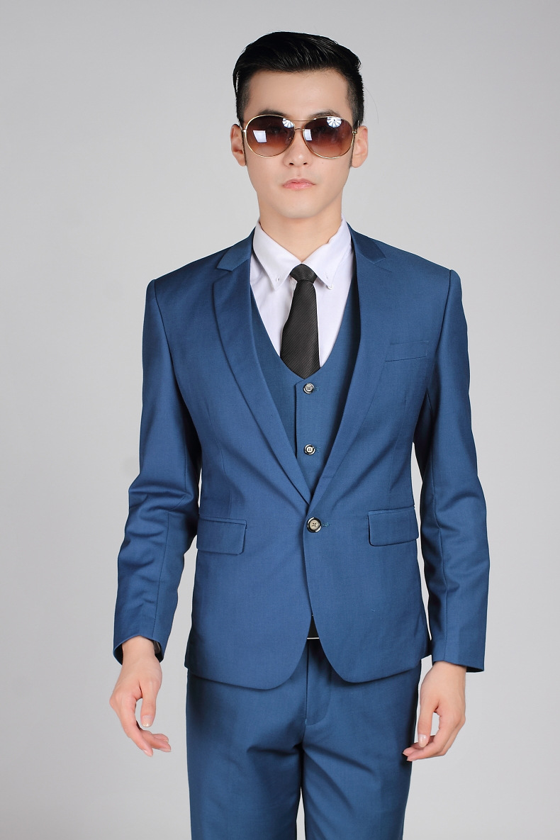 宝蓝色休闲男士西服套装韩版修身单扣青少年小西装新郎结婚礼服