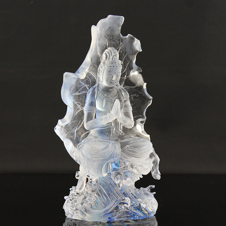 琉璃佛堂琉璃工艺品荷叶观音妙法佛像摆件佛家收藏