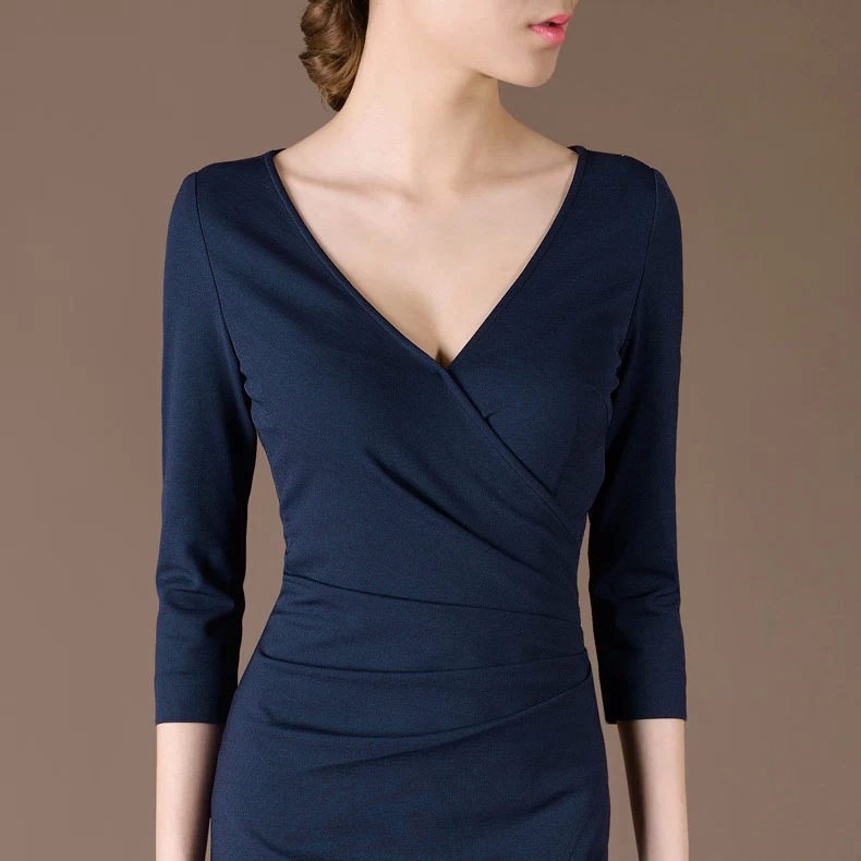 春夏新品ol优雅v领七分袖连衣裙 修身显瘦气质中长款连衣裙批发