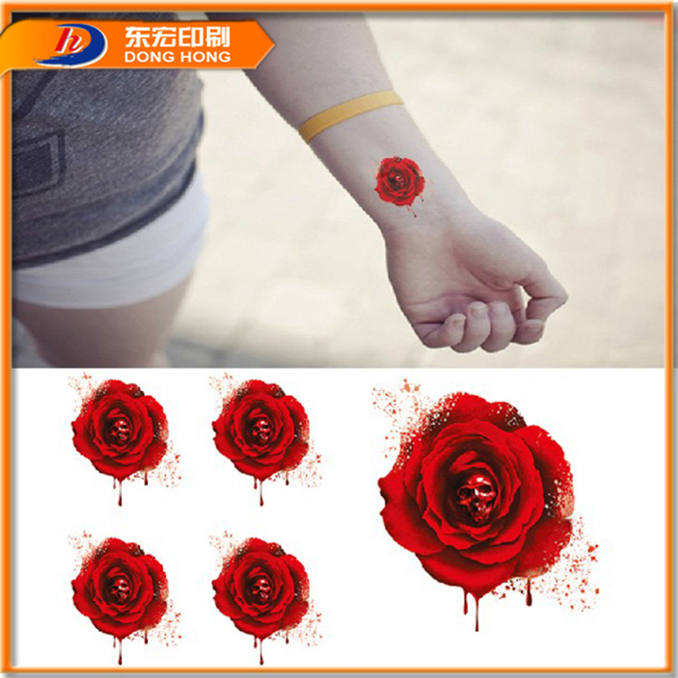 东莞厂家定做 滴血玫瑰水转印纹身贴纸 一次性防水刺青贴纸印刷