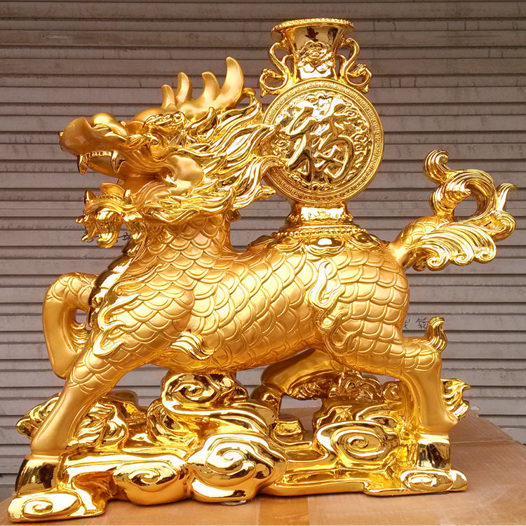 麒麟献瑞 镀金色 辟邪树脂工艺品 高座落地摆件 开业家居装饰礼品