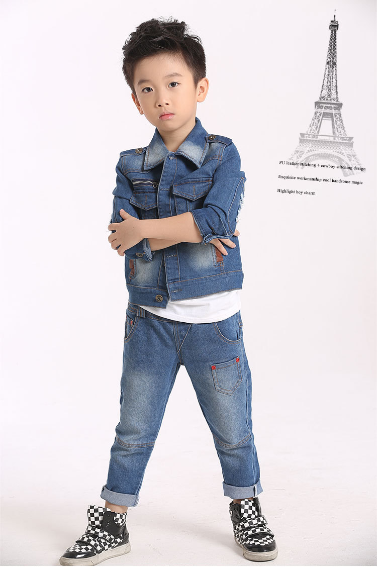 童装批发中大童韩版春秋牛仔服2014男童春秋装新款儿童牛仔服爆款