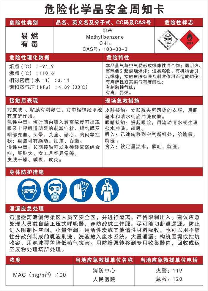危险化学品标志牌标识贴标签危险化学品安全周知卡 甲苯 f008