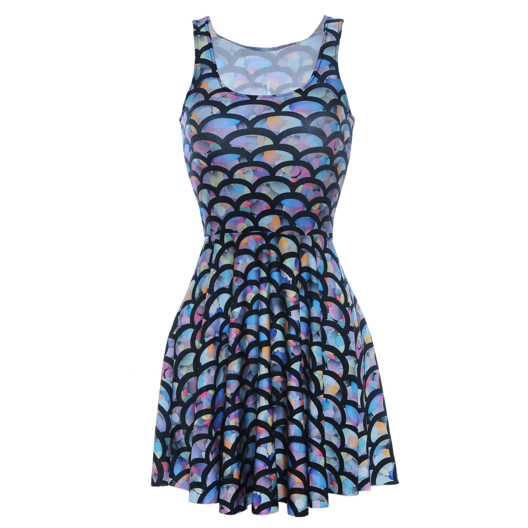 现货新款数码印花批发零售彩色鱼鳞百褶大摆伞裙skd-1093