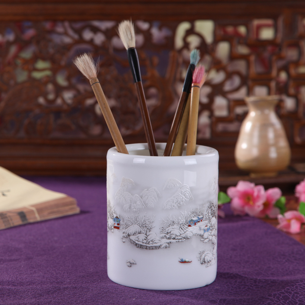 厂家批发景德镇陶瓷毛笔筒礼品书房用品办公桌摆件