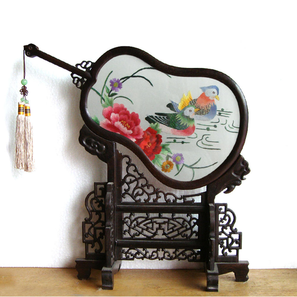 鸡翅木葫芦扇 精美中国风鸳鸯戏水苏绣礼品 真丝刺绣工艺品批发