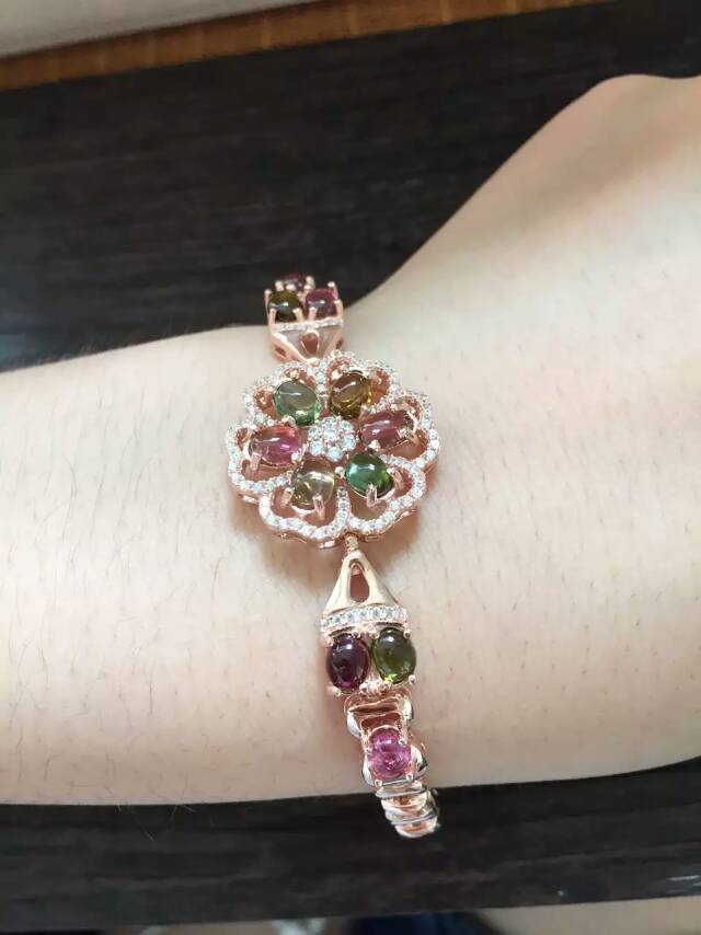 天然糖果色碧玺925银彩色七彩宝石切面镶钻花朵简约手链珠宝首饰