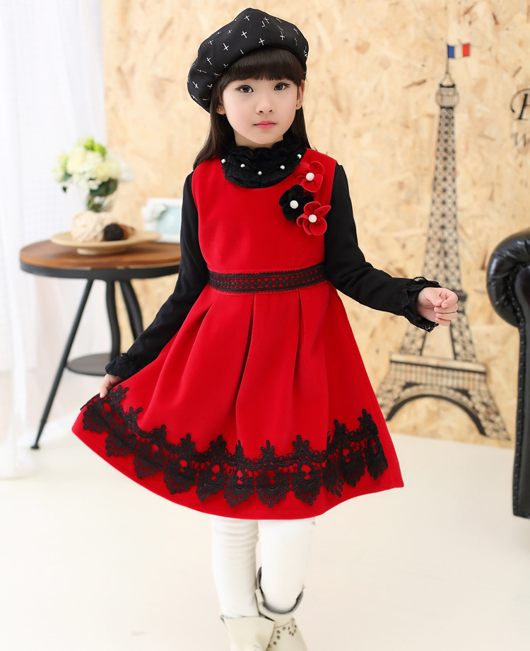 一件代发童装女童连衣裙中国风花边公主裙大红色礼服童裙