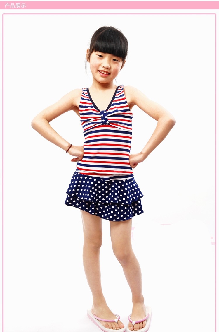 厂家直销儿童游泳衣 女童中大号分体裙式泳衣 条纹温泉泳装批发