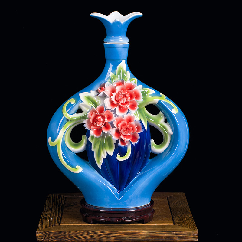 景德镇高档珐琅瓷彩瓷陶瓷酒瓶 五斤装泡酒瓶 蓝牡丹5斤白酒坛子