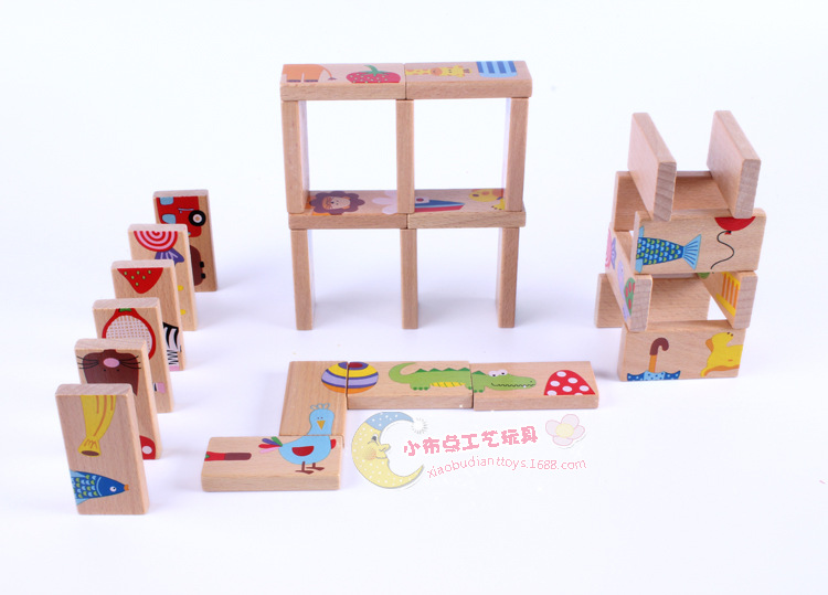 外贸原单儿童益智多米诺骨牌接龙木玩具动物配对拼图游戏28粒