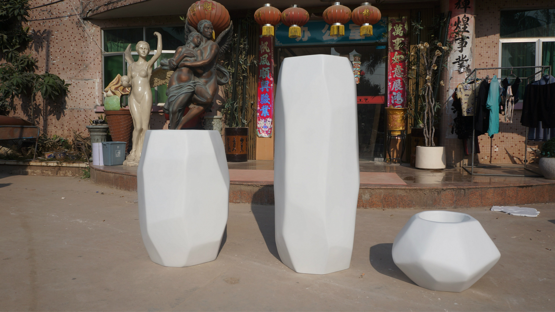 广东惠州玻璃钢菱形花盆 双层几何组合花盆 商场大厅景观装饰多边花盆