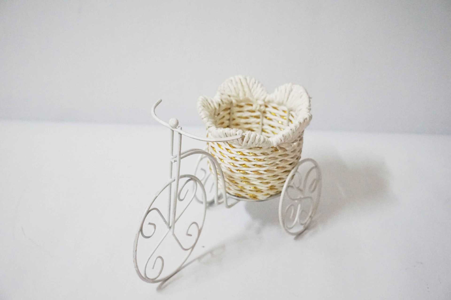 华青欧式花瓶 铁艺花篮三轮车桌面摆件工艺品 手工编织假花插.