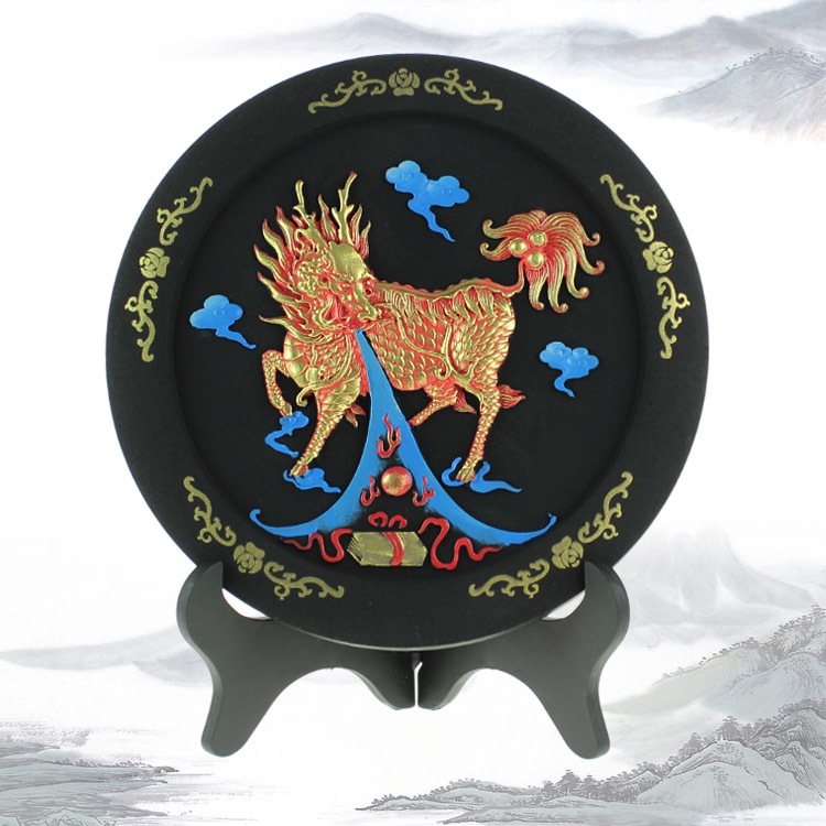 浏阳炭雕小姐工艺品218规格圆盘吉祥麒麟家居必备净化空气好帮手