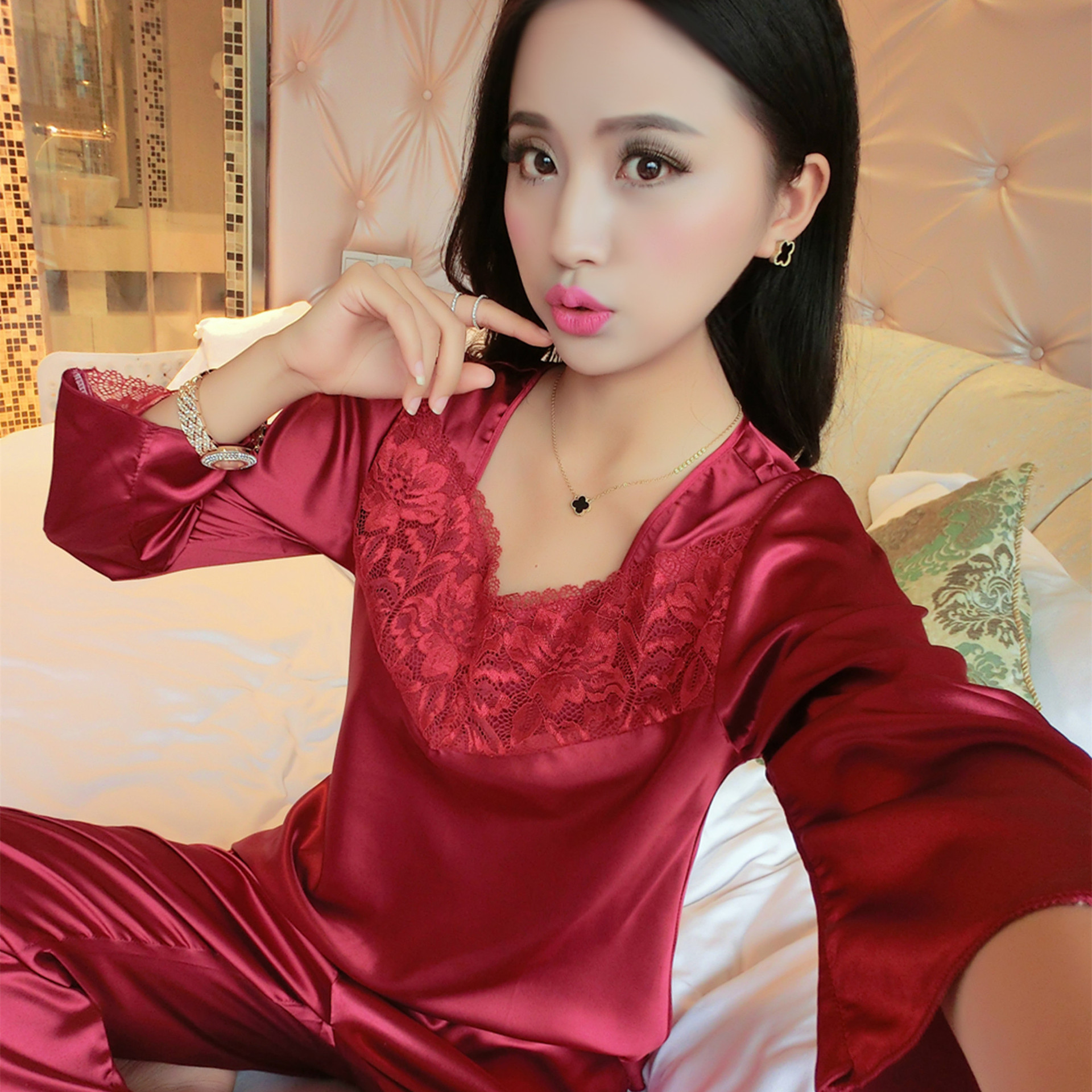 春夏新款女士仿真丝丝绸睡衣套装家居服