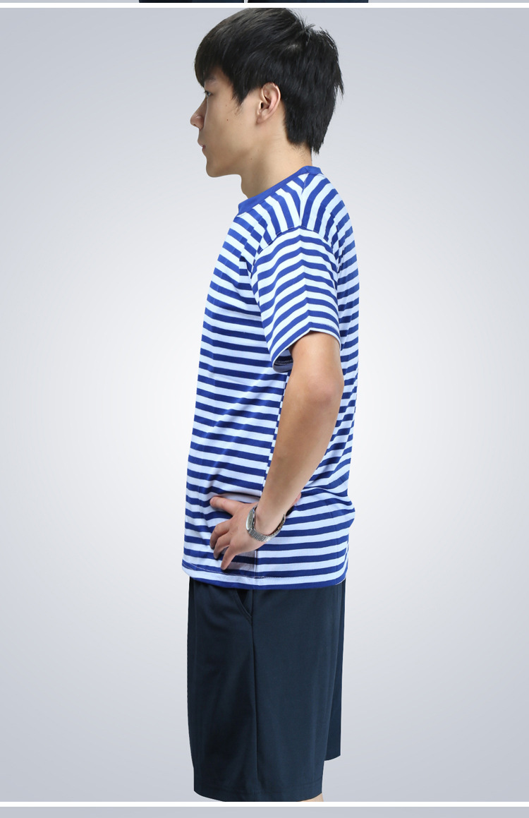 海军夏季体能服套装 蓝白条纹运动短袖t恤套装海魂衫批发